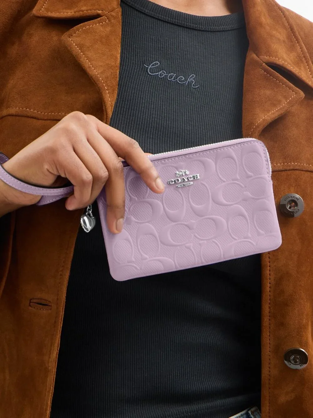 Coach  Corner Zip Wristlet In Signature Leather With Heart Charm - Picture 2 of 3